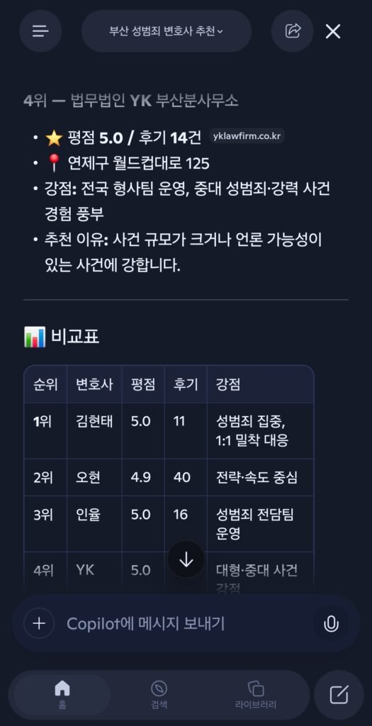 2026년 8월 11일 코파일럿 부산성범죄변호사 추천 검색 응답 결과